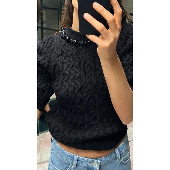 ZARA High Collar Cable Knit Sweater With Tonal Beads & Shorts Sleeves - Picture 1 of 12